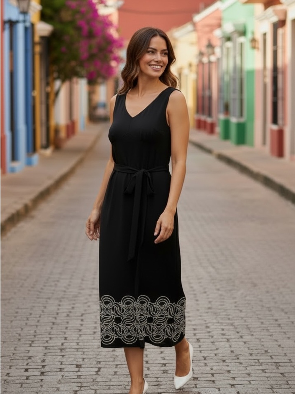 LOFT Black Sleeveless Midi Dress with Waist Tie and Contrasting Embroidered Hem